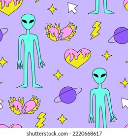 Seamless pattern with flaming hearts, stars, lightning, alien, saturn planet and computer arrow. Vector flat psychedelic outline background.