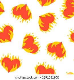 Seamless pattern with flaming hearts. Vector abstract background. Heart burning in fire. Valentine's day. For textile, prints, posters.