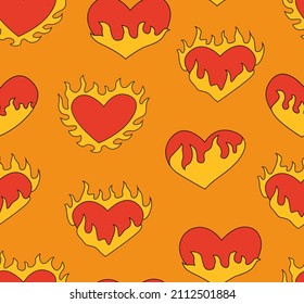 Patrón sin foco con corazones flameantes. Fondo de color naranja vectorial. El corazón se quema en llamas. Día de San Valentín. Para textiles, impresiones, afiches.