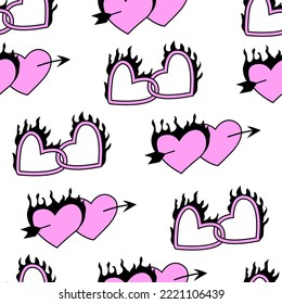 Patrón sin foco con corazones flameantes. Fondo vectorial en el estilo de Y2k, 00s, 90s