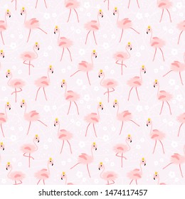 Seamless pattern flamingo ballet dancing on pink background.