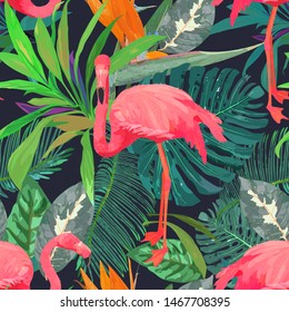Seamless pattern with flamingo bird animal on palm leaves, great design for any purposes. Colorful vector illustration on black background. Funny cartoon character. 