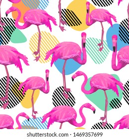 Seamless pattern with flamingo bird animal and color strips shapes, great design for any purposes. Colorful vector illustration. Funny cartoon character. 