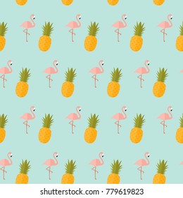 seamless pattern flamingo bird animal pineapple fruit on blue background vector wallpaper textile giftwrap