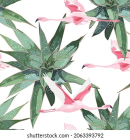 Seamless pattern with flamingo bird and cacti, aloe plant. Creative tropical texture for fabric, wrapping, textile, wallpaper, apparel.