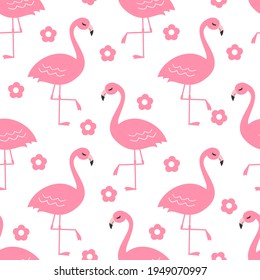 Patrón sin foco con pájaro flamingo y flor pequeña sobre ilustración vectorial de fondo blanco.