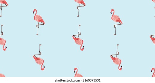 Seamless pattern with flamingo bird standing on one leg. Simple pattern with isolated flamingo birds. For textile, paper, wrapping paper, wallpaper, packaging, print. Vector background. 