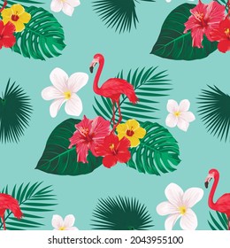 Patrón sin foco con pájaro Flamingo, hojas tropicales y flores. Fondo Tropical Repetido. Ilustración de vectores planos. África, Sabana, Exótica, Verano, Patrón Flamingo. Concepto tropical