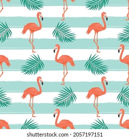 Seamless Pattern with Flamingo Bird and Tropical Leaves on Striped Background. Repeated Tropical Background. Flat Vector Illustration. Africa, Savannh, Exotic, Summer, Flamingo Pattern. Tropic Concept