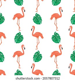 Seamless Pattern with Flamingo Bird and Tropical Leaves. Repeated Tropical Background. Flat Vector Illustration. Africa, Savannh, Exotic, Summer, Flamingo Pattern. Tropic Concept