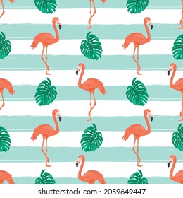 Seamless Pattern with Flamingo Bird, Tropical Leaves on Striped Background. Repeated Tropical Background. Flat Vector Illustration. Africa, Savannh, Exotic, Summer, Flamingo Pattern. Tropic Concept