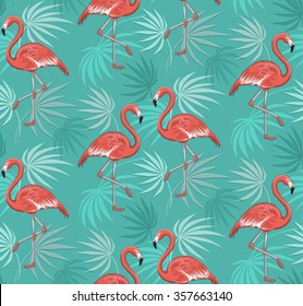 Seamless Pattern with Flamingo Birds and Leaves