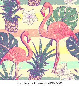 Seamless pattern with flamingo birds and pineapples