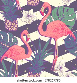 Seamless pattern with flamingo birds and pineapples