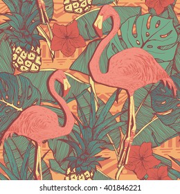 Seamless pattern with flamingo birds and pineapples
