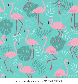 Seamless pattern with flamingo birds, tropical palm leaves and monstera. Animal exotic print. Vector graphics.