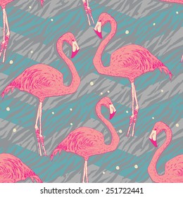 Seamless pattern with flamingo birds . Vector illustration