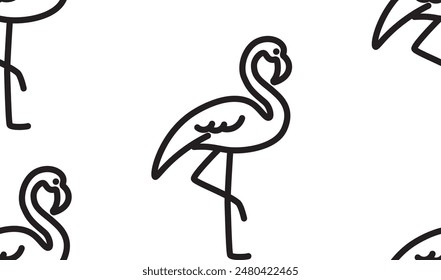 Seamless pattern with flamingo brid, outline illustration in black color. Outline minimal illustration.