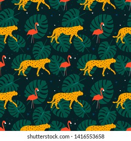 Seamless pattern with flamingo,   cheetahs, leopards and tropical leaves in the jungle . Vector illustration