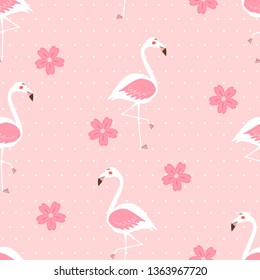 Seamless pattern of   flamingo in cherry blossom garden vector illustration,pink background.
