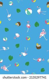 Un patrón ininterrumpido de flamingo, coco y paraguas