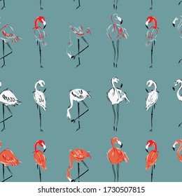 patrón impecable con flamingo en diferentes poses y colores. Diseño de tela, papel pintado, textiles y decoración. Vector, ilustración
