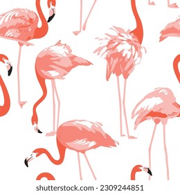 Seamless pattern with flamingo in different poses on the neutral background. Red flamingo.