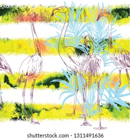 
Seamless pattern with flamingo. Exotic background. Texture paint.