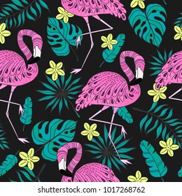 Seamless pattern with a flamingo and exotic leaves. Hand drawn vector tropical elements on dark background