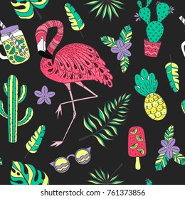 Seamless pattern with flamingo, exotic leaves. Set of hand drawn vector tropical elements