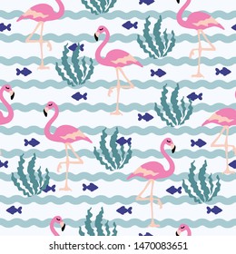 Seamless pattern flamingo and fish design for background, wallpaper, clothing, wrapping, fabric,batik