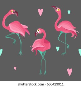 Seamless pattern flamingo flat birds with colorful hearts