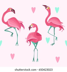 Seamless pattern flamingo flat birds with colorful hearts