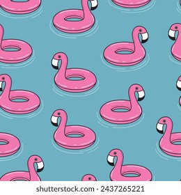 Seamless pattern with flamingo floats on water. Cute summer background Sea or pool with swim rings