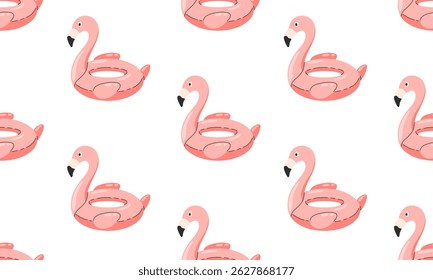 Seamless pattern with flamingo floats on water. Inflatable swimming ring. Cute summer beach background. Summer holiday in pool or sea. Flat vector illustration