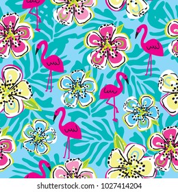 seamless pattern with flamingo and flower vector illustration