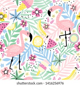 Seamless pattern with flamingo and flowers