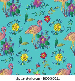 Patrón sin foco con flamencos y flores.