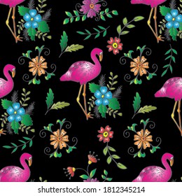 Seamless pattern with the flamingo and  flowers.
