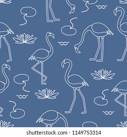 Seamless pattern with flamingo, flowers and leaves water lilies. Design for poster or print.