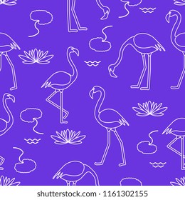 Seamless pattern with flamingo, flowers and leaves water lilies. Design for poster or print.