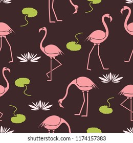 Seamless pattern with flamingo, flowers and leaves water lilies. Design for poster or print.