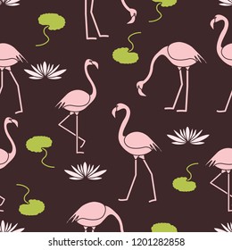 Seamless pattern with flamingo, flowers and leaves water lilies. Design for poster or print.