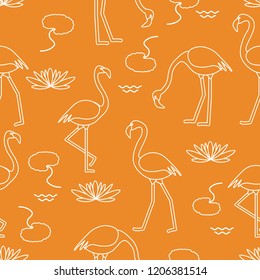Seamless pattern with flamingo, flowers and leaves water lilies. Design for poster or print.