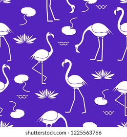 Seamless pattern with flamingo, flowers and leaves water lilies. Design for poster or print.