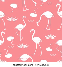 Seamless pattern with flamingo, flowers and leaves water lilies. Design for poster or print.