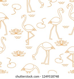 Seamless pattern with flamingo, flowers and leaves water lilies. Design for poster or print.