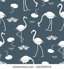Seamless pattern with flamingo, flowers and leaves water lilies. Design for poster or print.