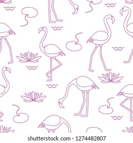 Seamless pattern with flamingo, flowers and leaves water lilies. Design for poster or print.