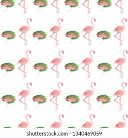 Seamless pattern with flamingo, flowers and leaves water lilies. Tropical exotic bird background. Design for poster or print.